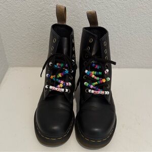 Dr Martens Docs 14045 Black Vegan Leather Combat Boots Rainbow Beaded Laces 8